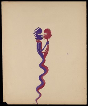 A red and a purple figure intertwined and holding each other by the throat. Watercolour by M. Bishop, 1967.