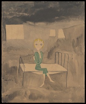 A woman wearing a green dress seated on a bed in a cold, bare room; a washing line behind. Watercolour by M. Bishop, 1958.