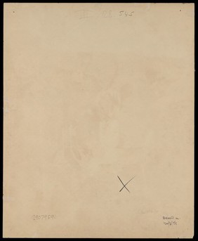 A woman wearing a green dress seated on a bed in a cold, bare room; a washing line behind. Watercolour by M. Bishop, 1958.