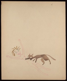 A pink woman being eaten by a fox. Watercolour by M. Bishop, 1958.