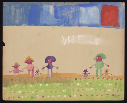 Four adults and three children standing in a line; below them are lines of pink and white flowers, above is a blue sky with a red square to the top right corner. Gouache by Sybil Pearsall, 1949.