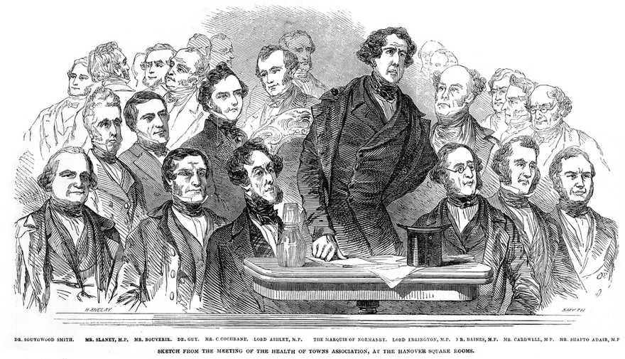 Thomas Southwood Smith speaking at a meeting of the Health of Towns Association. Wood engraving by Smyth after H. Anelay, 1847.