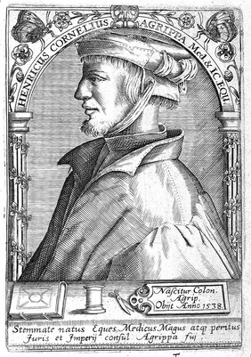 Henricus Cornelius Agrippa von Nettesheim. Line engraving, 1645, after T. de Bry.