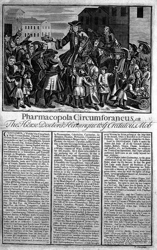 Engraving of a travelling medicine vendor on horseback