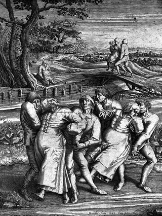 Three epileptic women each supported by two men. Engraving by H. Hondius the younger, 1642, after P. Brueghel.