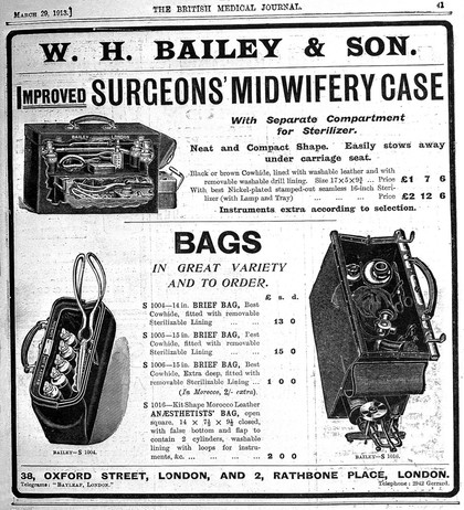 Engravings: advertisment for anaesthetist's bags.
