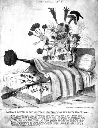 A man in bed with vegetables sprouting from all parts of his body; as a result of taking an overdose of James Morison's vegetable pills. Coloured lithograph by C.J. Grant, 1831.