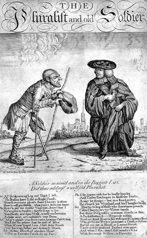 A one-legged beggar and former soldier approaches a Pluralist philosopher for alms. Etching with engraving by John Collier, 1770.