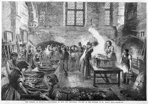 view A soup kitchen for distressed weavers in St. Mary's hall, Coventry, 1861.