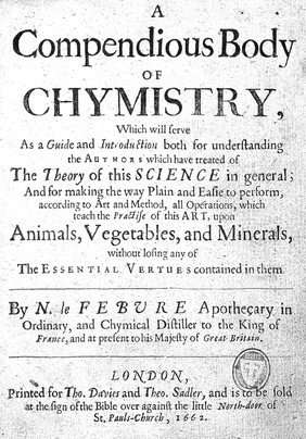 Title page from, Le Fever, A compendious body of chemistry, 1662