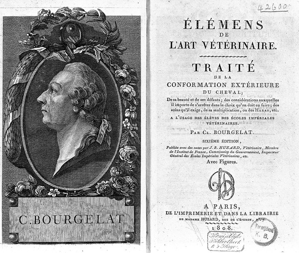 Traité de la conformation extérieure du cheval : de sa beauté et ses defauts ; des considerations auxquelles il importe de s'arrêter dans le choix qu'on doit en faire ; des soins qu'il exige, de sa multipilcation, au des Haras, etc. a l'usage des éléves des écoles imperiales vétérinaires / par Cl. Bourgelat.