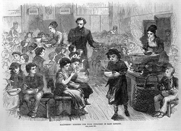 Halfpenny dinners for poor children in East London.