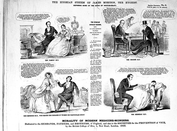 A family doctor, an obstetrician, a sensationalist author-doctor and a hypnotist; all pruriently satirised under the guise of moralism, as promoted by James Morison and his pharmaceutical company. Lithograph, 1852.