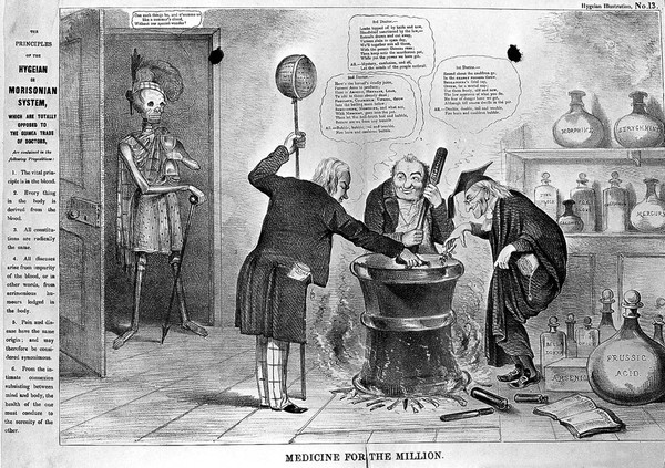 A skeletal figure surveying three doctors around a cauldron, a parody of Macbeth and the three witches; promoting James Morison's alternative medicines. Lithograph.