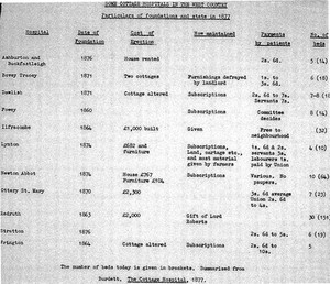 view Cottage Hospitals in the West Country: particulars of foundation and state in 1877. Chart prepared by Dr. R.M.S. McConaghey.