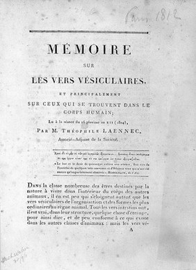 Mémoire sur les vers vésiculaires, et principalement sur ceux qui se trouvent dans le corps humain; lu à la séance du 26 pluviose an XII (1804) [de la Société de la Faculté de Médecine de Paris] / [R.T.H. Laennec].