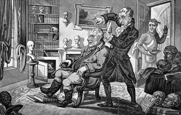 Doctor Spurzheim in his consulting room measuring the head of a peculiar looking patient; a bemused barber looks on. Coloured aquatint by J. Kennerly, 1816, after R. Cocking.