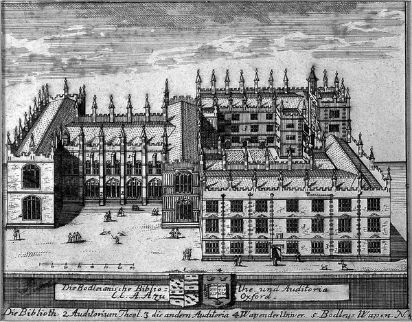 Bodleian Library, Oxford: bird's eye view with key and coat of arms. Line engraving.
