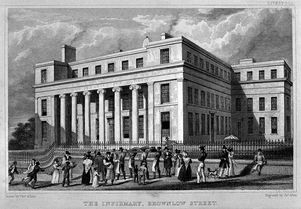 Infirmary, Liverpool, Merseyside: a patient being carried on a stretcher along Brownlow Street. Line engraving by J.B. Allen after T. Allom.