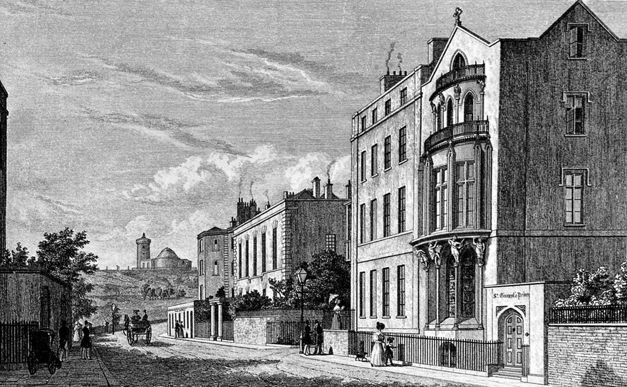 The promenade leading to the Observatory, Baths, and Library, Clifton, Bristol. Steel engraving by W. Wallis after himself, 1836.