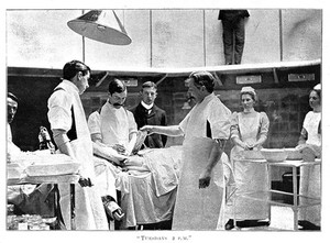 view A surgical operation being performed, circa 1900.