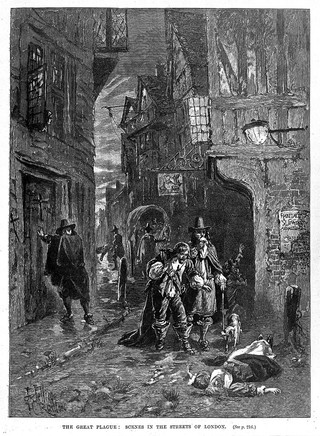 Two men discovering a dead woman in the street during the great plague of London. Wood engraving by J. Jellicoe after H. Railton.