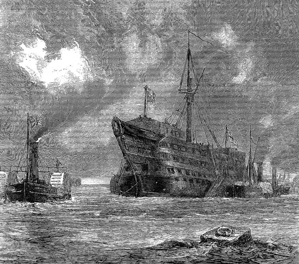 H.M.S. Dreadnought, a hospital ship, being towed to the breakers by tugs. Wood engraving by T. Williams, November 1872.