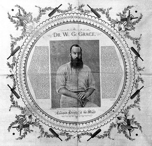 view Portrait of W.G. Grace in a commemorative handkerchief to celebrate 100 centuries in first class cricket, issued 1895 (?)