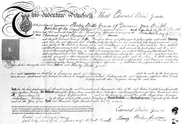 Certifcate: indenture by which E.M. Grace was apprenticed to his father to learn of surgeon and apothecary, Bristol