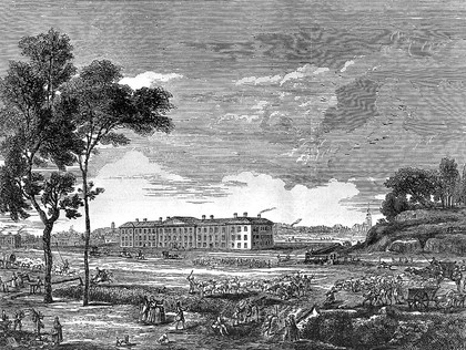 The London Hospital, Whitechapel: seen from the northern side of the Whitechapel Road. Wood engraving, after an engraving of c.1753.