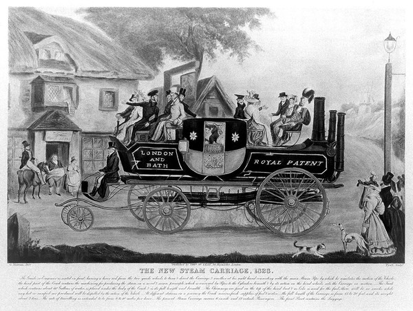 A steam-driven carriage on the route between London and Bath passes through the streets of a village as bystanders watch its progress. Colour process print after H. Pyall after G. Morton, ca. 1828.