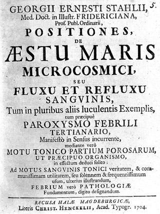 Positiones, de aestu maris microcosmici, seu fluxu et refluxu sanguinis, tum in pluribus aliis luculentis exemplis, tum praecipuè paroxysmo febrili tertianario, manifesto in sensus incurrente, mediante vero motu tonico partium porosarum, ut praecipuo organismo, in effectum deduci solito: ad motus sanguinis tonici veritatem & communissimam utilitatem, seu solennem & frequentissimum usum, ulterius illustrandum, febrium vero pathologiae fundamentum, digito designandum / [Georg Ernst Stahl].