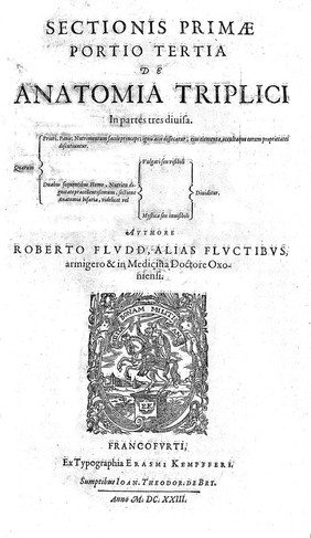 Anatomiae amphitheatrum effigie triplici, more et conditione varia, designatum. [Sectionis primae portio tertia, de anatomia triplici. Monochordum mundi symphoniacum, seu replication / R. Flud ... ad apologiam ... J. Kepleri, adversus demonstrationem suam analyticam].