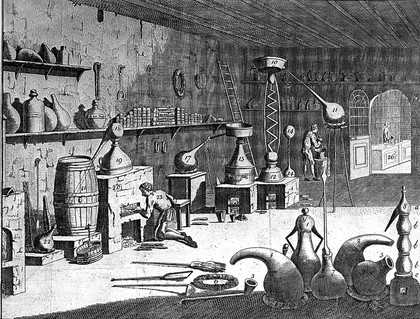 Interior of a pharmaceutical laboratory with people at work; the shop is visible through a doorway. Engraving, 1747.