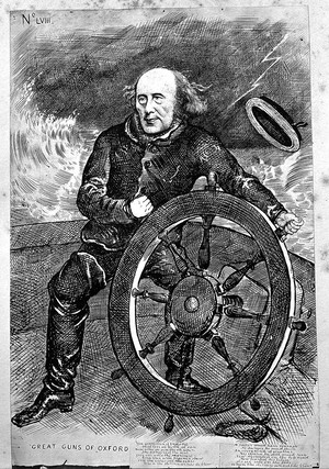 view Cartoon of Sir H. W. Acland at wheel of ship