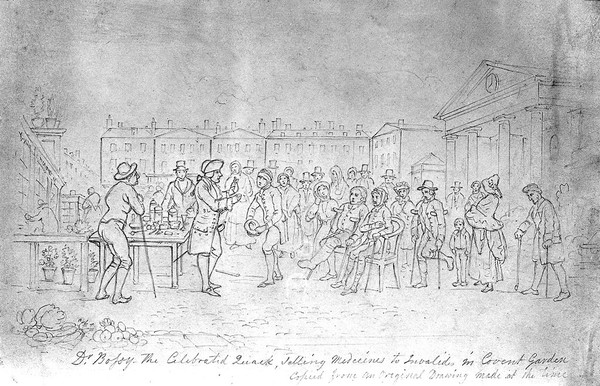 Doctor Bossy, a medicine vendor, selling his wares to a crowd of sick and lame people at Covent Garden, London. Pencil drawing after A. van Assen.