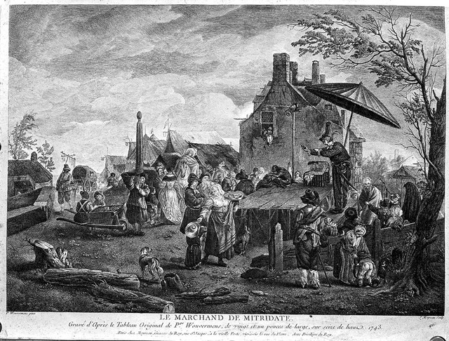 An itinerant medicine vendor performing on stage at a bustling fair. Engraving by J. Moyreau, 1743, after P. Wouwerman.