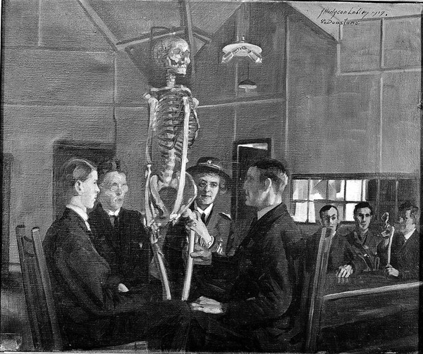 Anatomy lessons at St Dunstan's. Oil painting by J.H. Lobley, 1919.