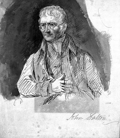 John Dalton. Pen drawing with watercolour wash.