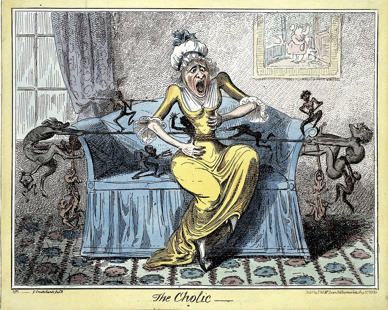 Coloured etching: 'The Cholic'; by Cruikshank, by Frederick Marryat