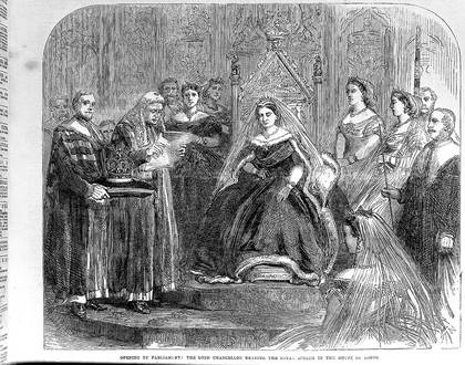 Queen Victoria at the opening of Parliament, 1866. The Lord Chancellor reading the Royal Speech in the House of Lords. The Queen makes reference to the cattle plague and the orders which have been made to prevent the spread of the disease.