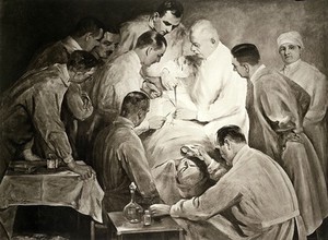 view Ernst Bumm operating on a male patient, other doctors monitor the patient's condition. Photogravure after R. Huebner, ca. 1924 .