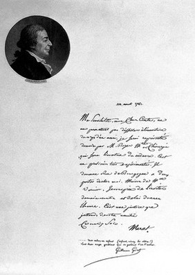 Jean Paul Marat: portrait and facsimile of autograph letter. Photogravure after Delaine.