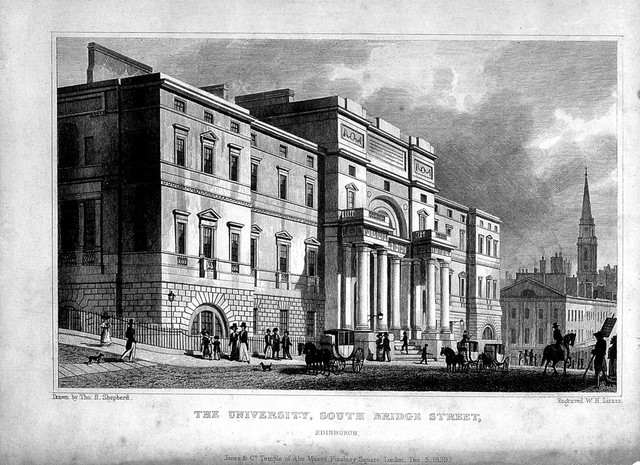 Busy street-life in front of Edinburgh University, Scotland. Line engraving by W.H. Lizars, 1829, after T.H. Shepherd.