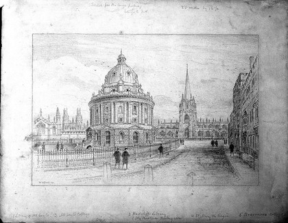 Radcliffe Camera, Oxford: panoramic view showing All Soul's College, St. Mary's Church and Brasenose College. Pencil drawing by W.W. Burgess, 1901.