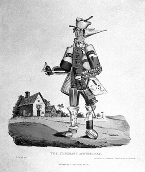 A man composed of pharmaceutical equipment wandering the countryside; representing an apothecary as if he were an itinerant. Coloured lithograph.