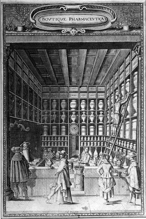 view The interior of a busy pharmacy. Line engraving by C. Le Roy.