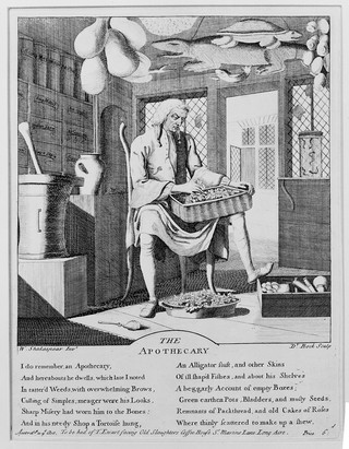 An apothecary sitting in his shop, sorting through materia medica, surrounded by paraphernalia of his profession. Engraving, ca. 1750.