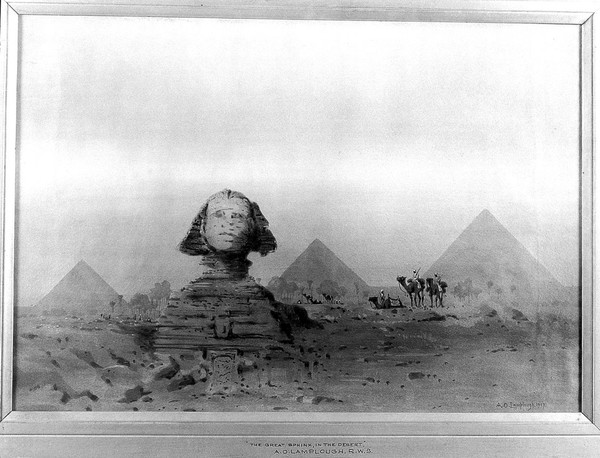 The Sphinx and the Pyramids. Watercolour by A.O. Lamplough, 1919.