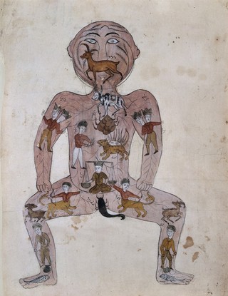 The zodiac man. Watercolour painting by a Persian artist.